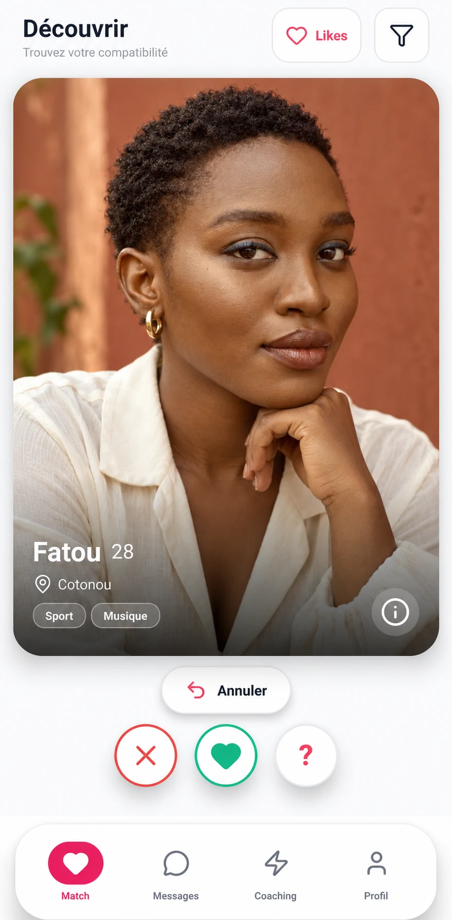 Écran Découvrir de Geno : Fatou, 28 ans, à Cotonou