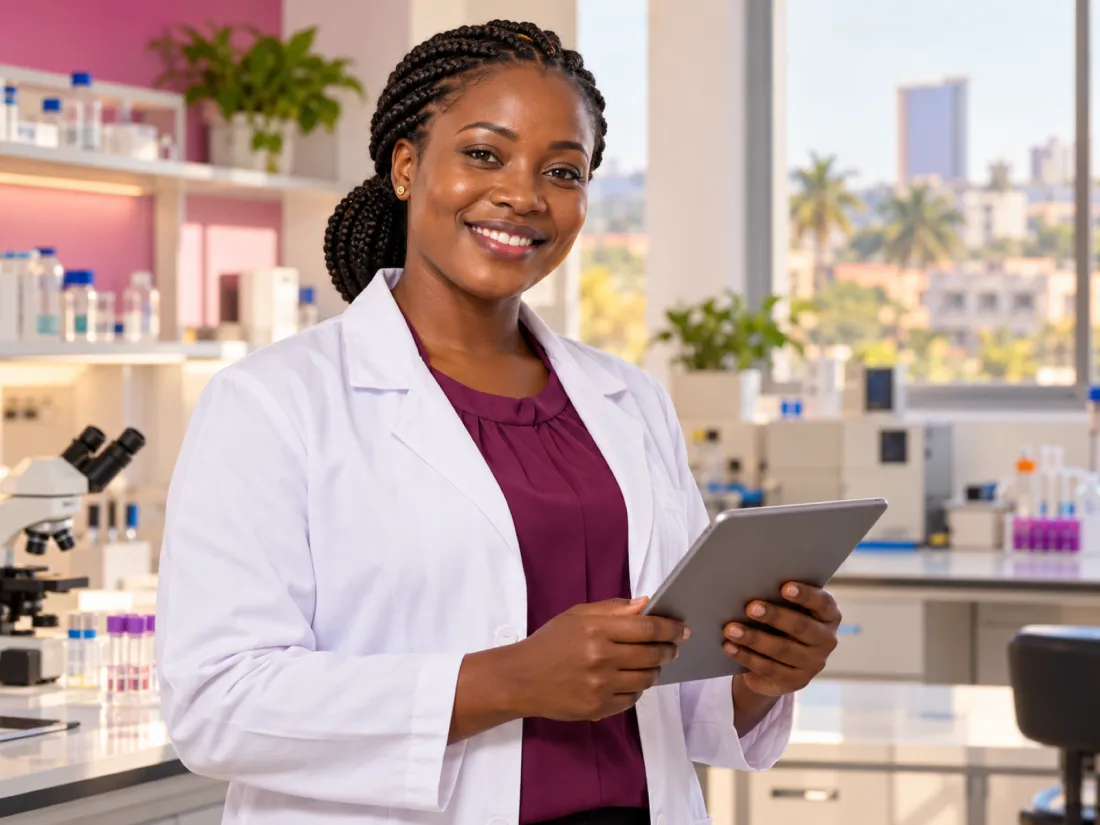Une technicienne de laboratoire partenaire, souriante, tenant une tablette