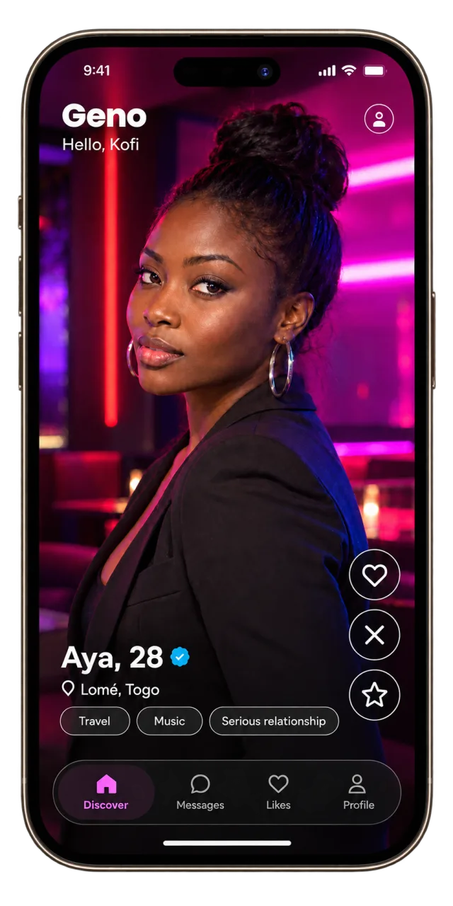 Geno app: Discover screen showing Aya's verified profile, 28, in Lomé