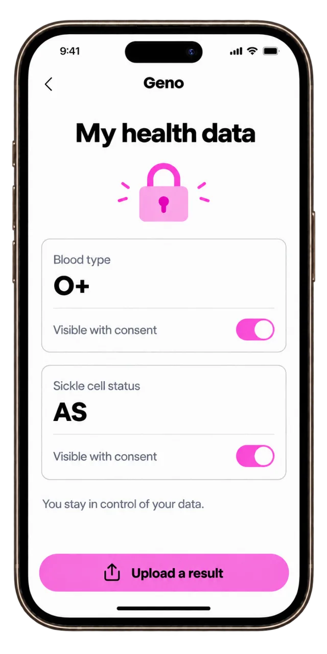 Geno “My health data” screen: blood type and sickle-cell status visible after consent