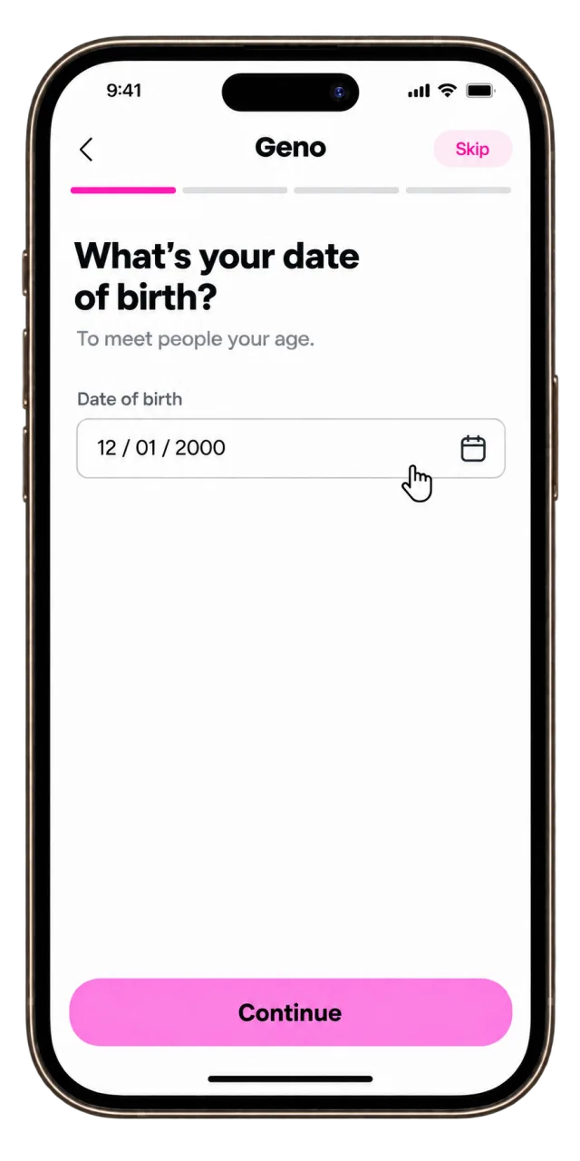 Geno sign-up screen: date of birth
